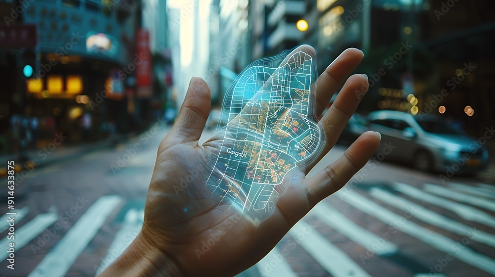 Poster technological navigation: hand with augmented reality google maps overlay