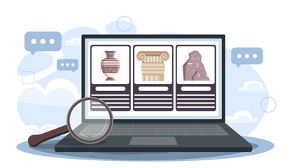Online historian service. Magnifying glass next to laptop with antique vases. Research of jewelry, finds and fossils. Culture and history. Flat vector illustration isolated on white background