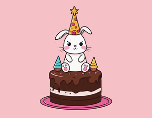 Little bunny with party hat sitting on chocolate cake
