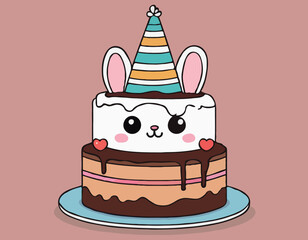 Little bunny with party hat sitting on chocolate cake
