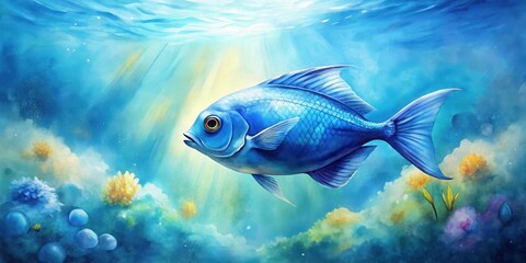 Naklejka premium Watercolor blue fish swimming in a vibrant sea animal background, watercolor, blue, fish, aquarium,pattern, sea