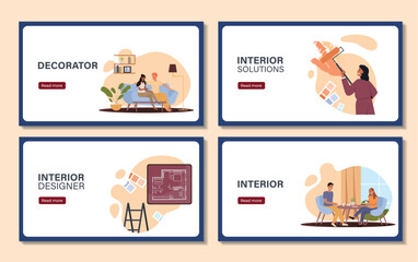 Fototapeta premium Interior designer posters set. Man and woman sitting on sofa and at table. Young girl with paintroller and blueprint of room. Furnishing apartment. Flat vector collection isolated on beige background