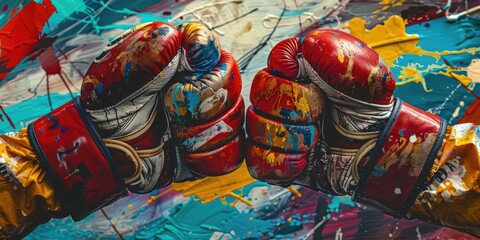 Fototapeta premium Two colorful boxing gloves on a bright background.