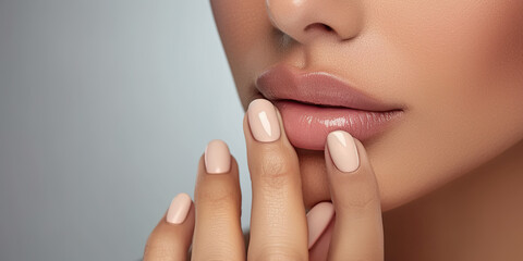 Obraz premium Close-up of a Woman's Lips and Fingers with Nude Nail Polish.