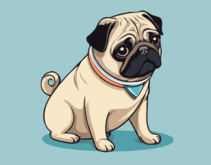 Illustration of sick pug using collar cone
