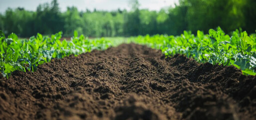 Vibrant Green Rows of Young Crops Growing in Rich Soil Under Sunny Sky