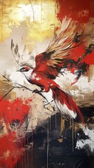 A vibrant abstract painting of a red bird in flight against a background of gold, black, and white splashes of paint.