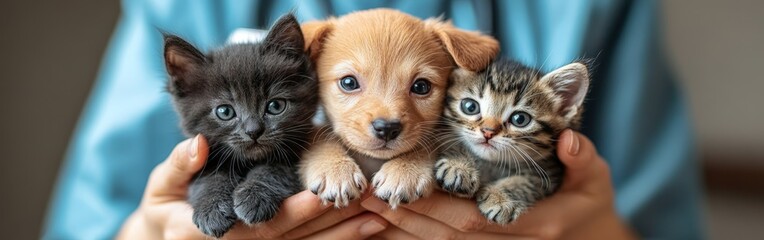 Obraz premium Veterinarian Caring for Puppy and Kittens in Clinic