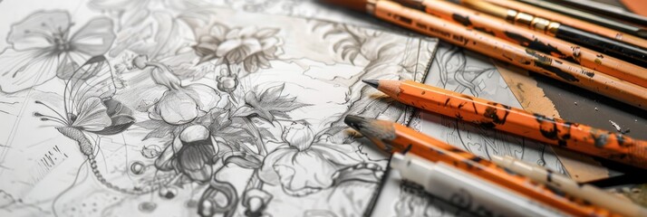 Sketches in artist s sketchbook with intricate details and copyspace