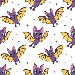 Cute seamless pattern with bat characters. Halloween background, design for children's clothing, fabrics, textiles.