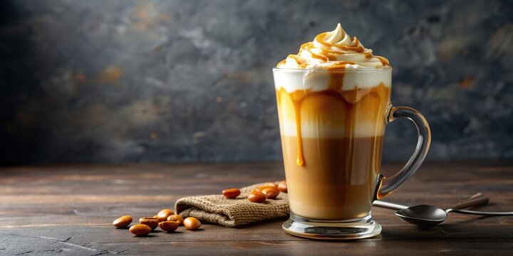 Creamy caramel latte with frothy milk and drizzle of caramel sauce , coffee, latte, caramel, beverage, drink, creamy, frothy