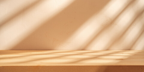 Wood table on stucco background with natural on the wall. Stylish mock up for branding products, presentation, food and health care.	
