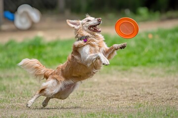 A photograph of a dog trying to catch a frisbee but missing and landing in a funny position, with playfulness and action