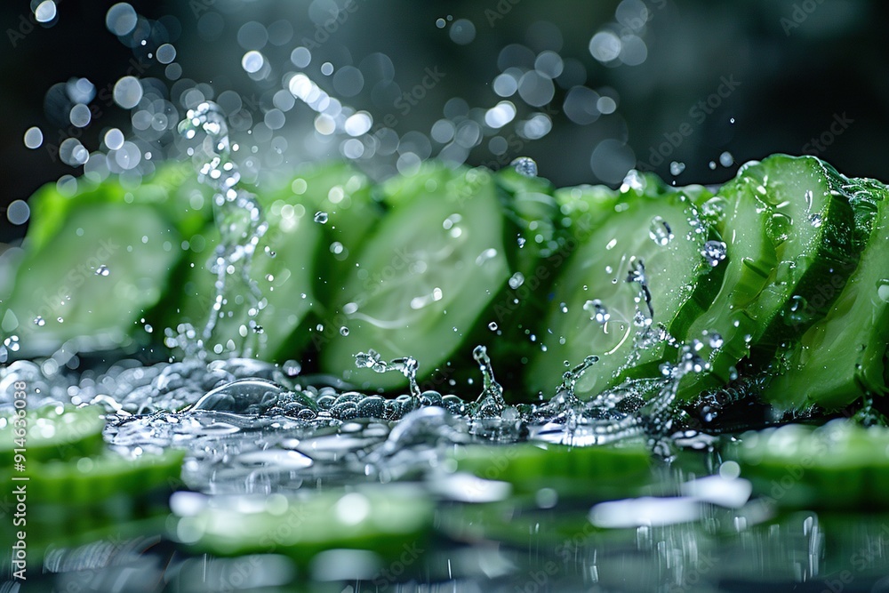 Poster close-up of sliced cucumber with water splashing on top