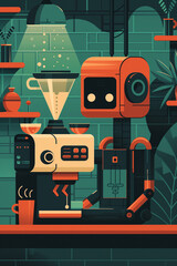 Fototapeta premium A cheerful robot is brewing coffee beside a drip coffee maker in a warmly lit coffee shop filled with plants and colorful decor