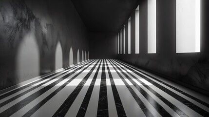 A long, narrow room with black and white stripes on the floor