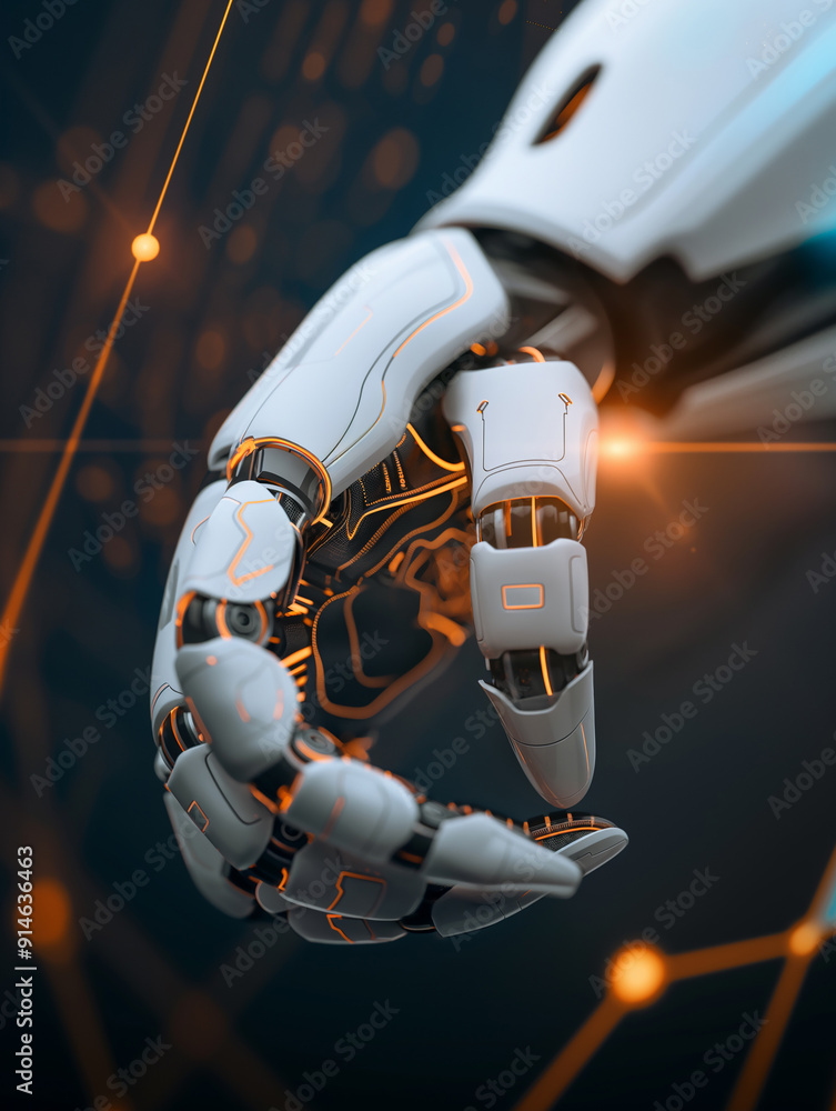 Poster A robotic hand showcases intricate designs and glowing accents, reaching out as if engaging in a digital interaction within a high-tech environment