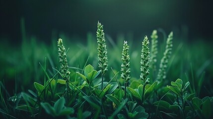   A focused image of a single plant amidst a sea of green grass and a hazy background of another plant nearby