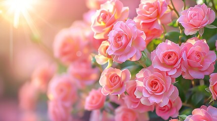 Fototapeta premium A sunny day with pink roses in full bloom, the sun's rays filtering through the lush foliage