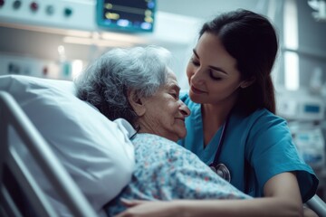 Obraz premium A photograph of a nurse comforting a patient in a hospital room, with care and empathy