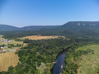 Aerial View of the Shenandoah River and Shenandoah Mountains in Luray Virginia.