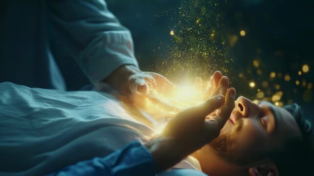 Gentle healing hands hover above a sleeping young man, emitting golden sparkles of light, creating a serene and magical atmosphere. The man lies peacefully, bathed in soft, ambient light.