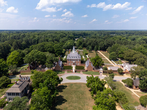 The historic Governors Palace in Colonial Williamsburg Virginia. Aerial drone view.