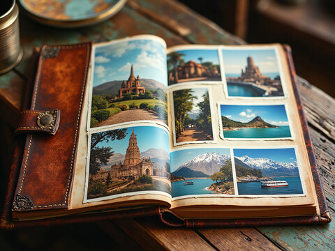 An open travel photo album filled with scenic images of beautiful destinations, evoking memories and wanderlust