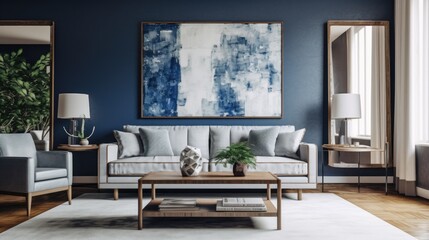 Modern Living Room Interior Design with Blue Accents