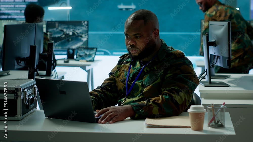 Poster intelligence agents in modern operations center managing surveillance activity and synchronizing sec