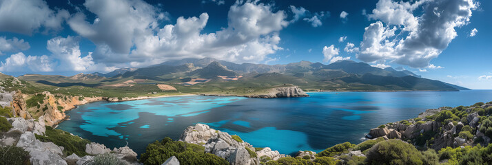 Fototapeta premium Coastal Landscape of Piperi Island with Turquoise Waters and Mountainous Backdrop