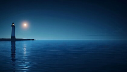 Serene Night Scene: Calm Sea with Illuminated Lighthouse on the Horizon