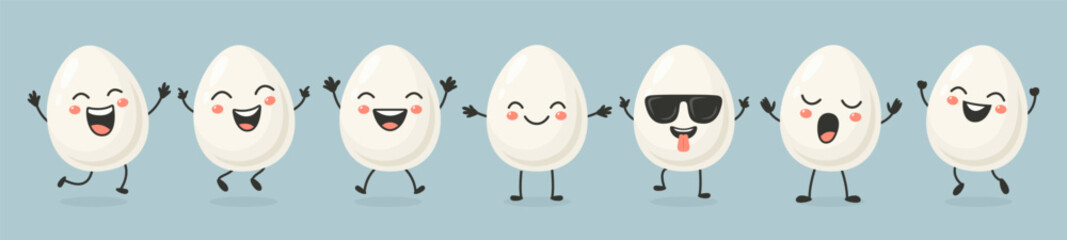 Vector Egg Character Set. Dancing, Smiling, Happy and Singing Egg with Different Faces and Emotions. Vector Illustration. Cute Eggs in Kawaii Cartoon Style. Boiled Egg with Funny Cute Face