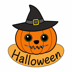 A pumpkin with a black hat on it that says Halloween white background