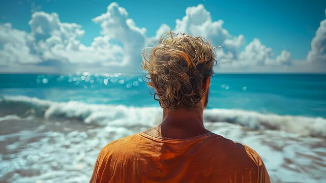 Rear view of a young man standing in front of the sea and looking at the mountains in the background