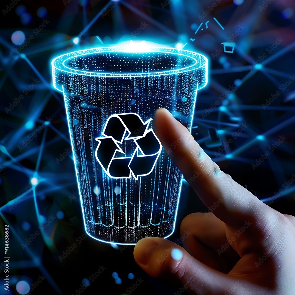 Wall mural Eco-Friendly Recycling Concept - Finger Pointing at Holographic Trash Bin Logo