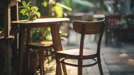 Wooden chair and table in cafe background with copy space