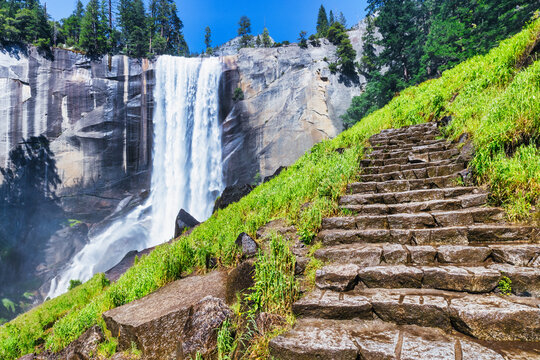 Vernal Falls, Yosemite National Park, the Misty Trail is a slippery, one-mile trail that winds through the spray of the falls.