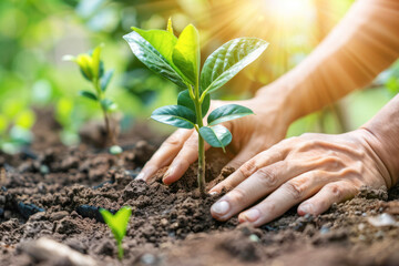 Person planting a tree in the ground, representing the nurturing of young life and the care for the earth