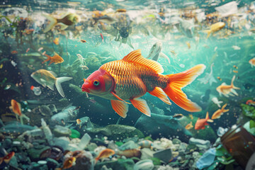 Fototapeta premium Underwater scene showing plastic pollution, with trash and debris harming marine life and ecosystems