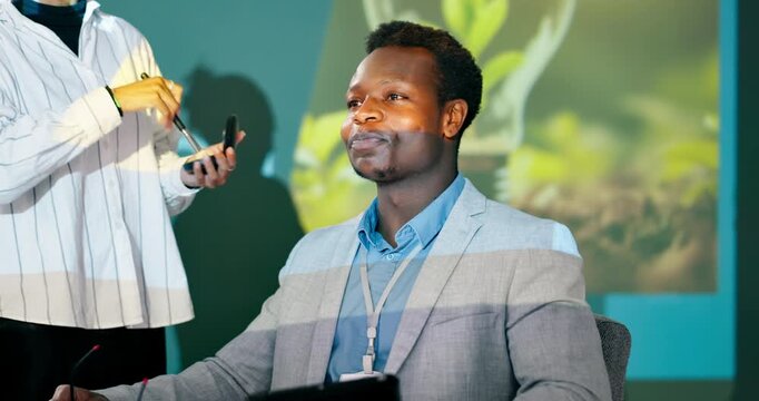 Seminar, makeup and corporate event for sustainable transportation talk on live streaming. Presenter, cosmetic touch up and convention for clean energy and a man with webinar vlog preparation