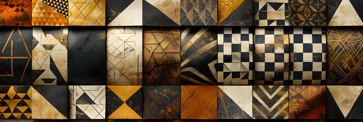 Fototapeta premium Intricate Geometric Pattern Stamps: A Blend of Traditional Motifs and Contemporary Style in Diverse Color Palette