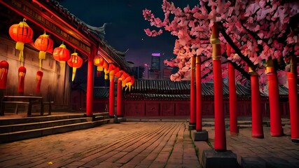 A serene Chinese temple adorned with red lanterns and cherry blossoms, set against a twilight cityscape during the Lunar New Year