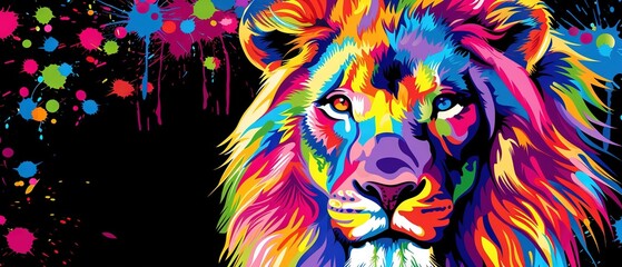   Colorful lion on black background with splattered paint edges