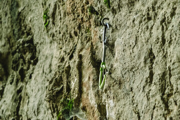 Several T-type carabiners, driven into the rock of a vertical climbing wall.