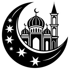 Moon with Mosque laser cut svg, Moon with Mosque laser cutting vector silhouette
