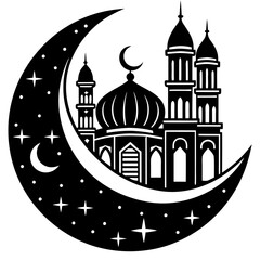 Moon with Mosque laser cut svg, Moon with Mosque laser cutting vector silhouette