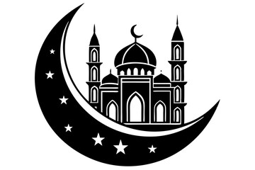 Moon with Mosque laser cut svg, Moon with Mosque laser cutting vector silhouette