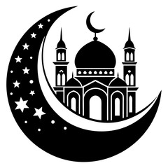 Moon with Mosque laser cut svg, Moon with Mosque laser cutting vector silhouette