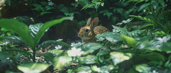 Obraz premium Rabbit amidst lush greenery, gazing upward at the lens